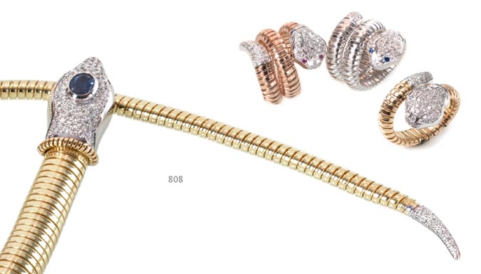 Precious jewelry, ring and bracelets, and perfect parure snake models. 18k gold, diamonds and precious stone.